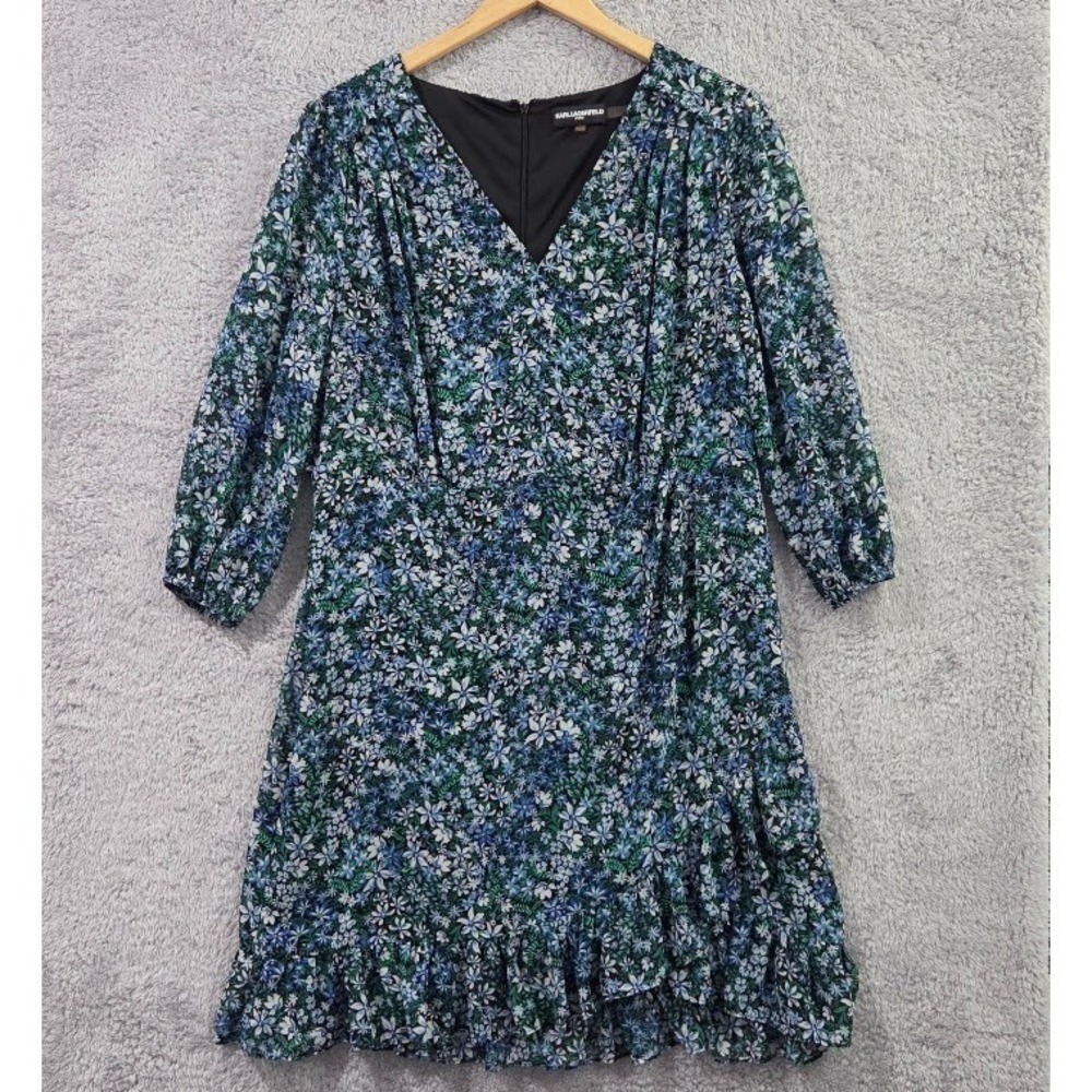 Karl Lagerfeld Paris Floral Ruffle Dress Size 16 Blue Green V-Neck Long Sleeve